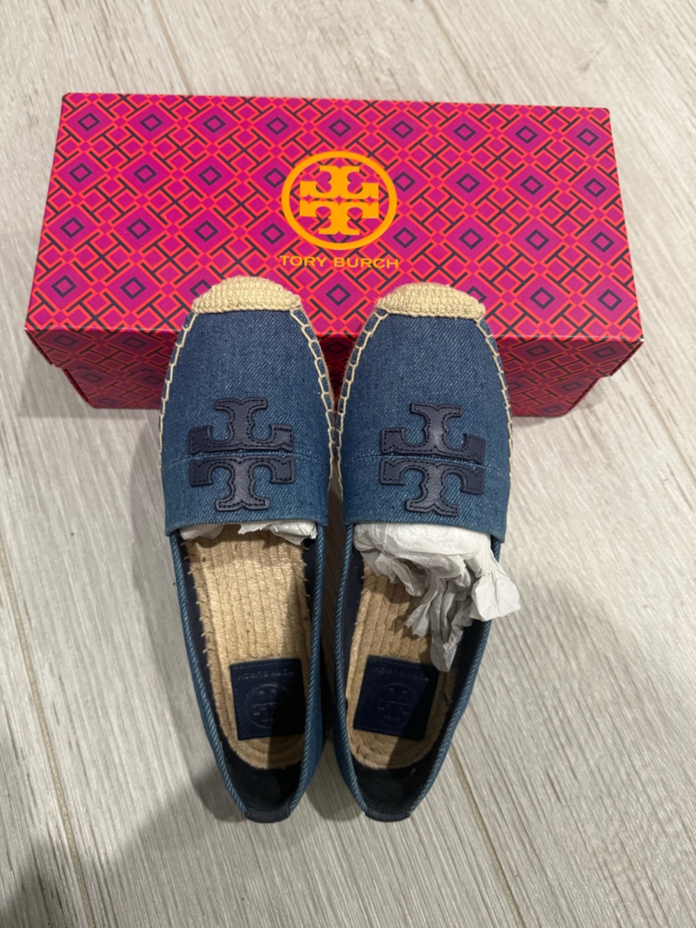 Tory Burch Blue Denim Logo Espadrille Flats